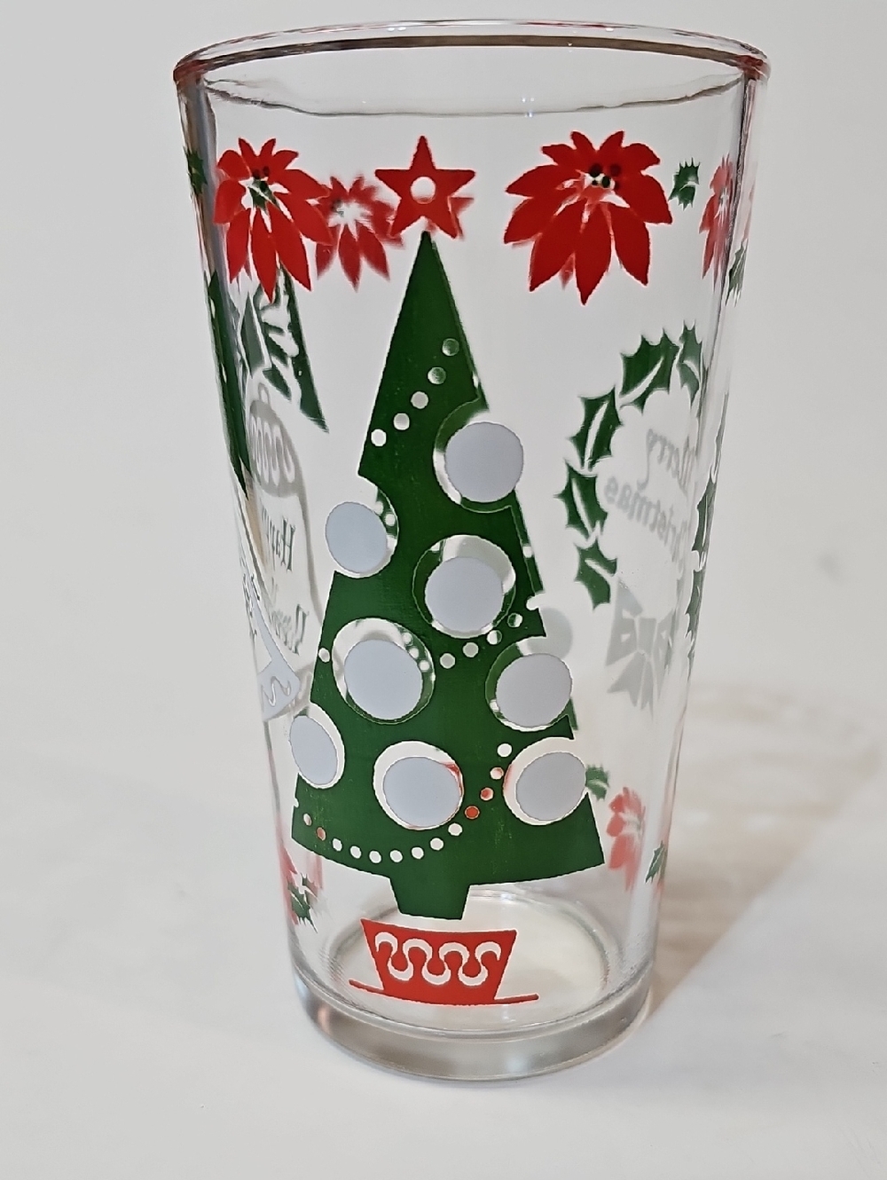 MCM Hazel Atlas Holiday Poinsettia Glass Beverage Tumbler- Red, Green, and White